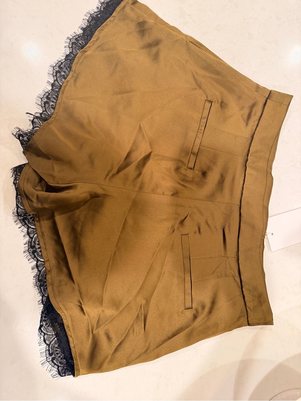 Zara Olive Satin Lace Trim Shorts - Picture 4 of 4